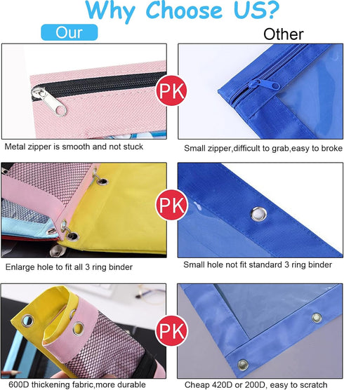 Pencil Pouches for 3 Ring Binder, 2 Pack Binder Pencil Case with Zipper Puller, 2-Tier Clear Window Oxford Pencil Holder Stationery Organziers Bag...