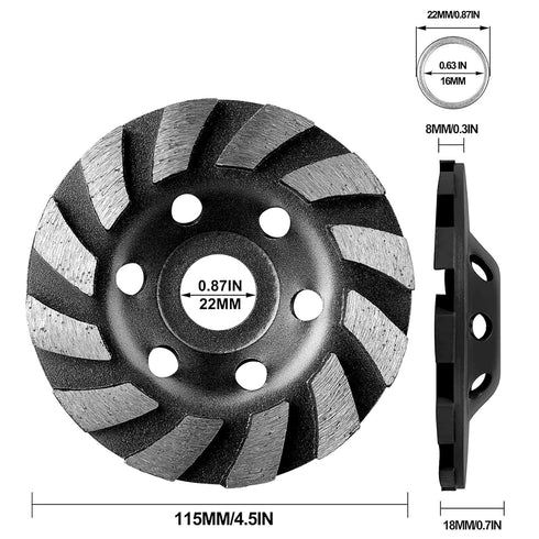 SUNJOYCO 4.5 inch Concrete Grinding Wheel, 12-Segment Heavy Duty Turbo Row Diamond Cup Grinding Wheel Angle Grinder Disc for Granite Stone Marble ...