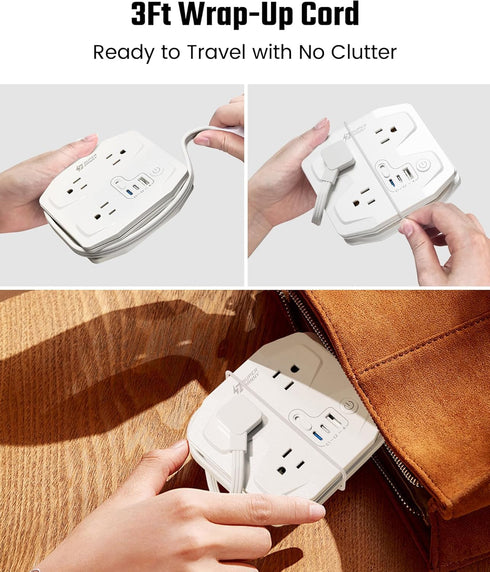 20W Travel Power Strip SUPERDANNY 3-Foot Wrap Up Extension Cord with 3 Outlets and 3 Fast Charging USBs, No Surge Protector Cruise Approved Portab...