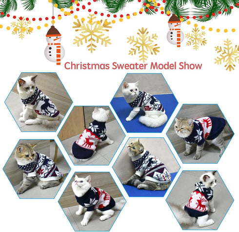 Vehomy 2Pcs Pet Puppy Christmas Sweaters Cat Sweater Kitten Knitwear Dog Xmas Clothes Navy Blue and Christmas White Sweaters with Reindeers Snowfl...
