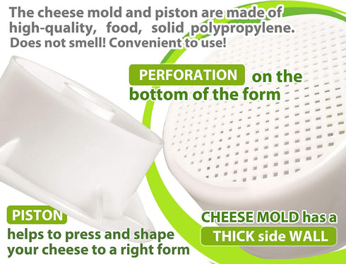 PetriStor Cheese Mold for Cheese Making Cheese with Follower Piston 1.3QT and Cheesecloth - Cheese Form Mold - Cheese Making Basket - Paneer Chees...