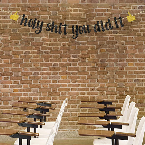 Black Glitter Holy Shit You Did It Banner - Congrats Grad Sign - Funny Graduation Banner - High School/College Graduation Party Decorations...