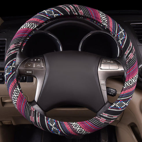 CAR PASS Boho Steering Wheel Cover, Ethnic Flax Cloth Universal Steering Wheel Cover,Anti-Slip Design,Most of Vehicles,Cars,SUV,Vans...