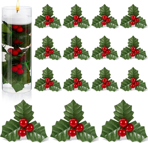 Christmas Holly Berries for Crafts Faux Berries Flowers and Holly Leaves Christmas Wreath Fillers for Vase Fillers Floating Candle Table Centerpie...