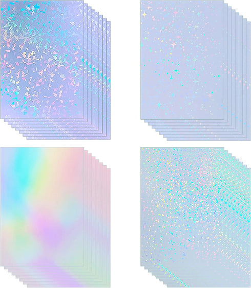 32 Sheets Holographic Sticker Paper Clear Vinyl Self Adhesive Waterproof Rainbow Transparent Overlay Film A4 Size Holographic Overlay with 4 Style...