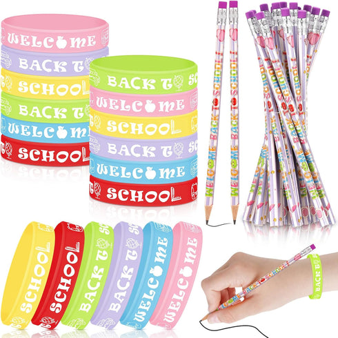 Sabary 48 Pcs Welcome Back to School Pencils Rubber Bracelets Back to School Supplies Set School Party Favors First Day of School Gifts for Kids K...