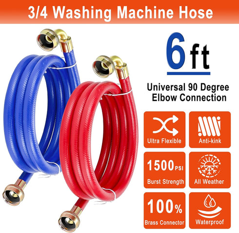 6 FT Washing Machine Hoses with 90 Degree Elbows Universial Rubber Washer Hose No-Lead Burst-proof Hot and Cold Water Supply Hoses for Washing Mac...