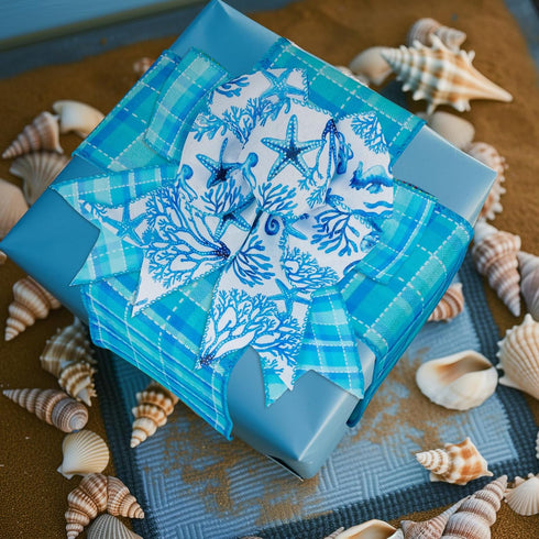 Whaline 2 Rolls Summer Wired Edge Ribbon 2.5 Inch Seahorse Starfish Coral Craft Ribbon Blue Ocean Sea Fabric Ribbon for Bow Wreath Craft Gift Wrap...
