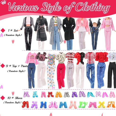 30 Pcs Doll Clothes and Accessories for Doll, 11.5 Inch Doll Outfit Collection Including 1 Set 9 Tops 9 Pants 10 Pairs Shoes(Random Style), for Gi...