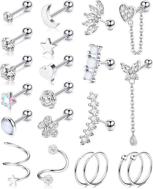 Florideco 21Pcs 16G Cartilage Earring Stud for Women Stainless Steel 20G Cartilage Hoop Earring Set Heart Flower Chain Dangle CZ Curved Tragus Con...