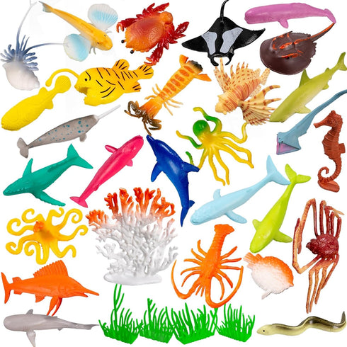 OuMuaMua 33 Pack Sea Animal Figure Toys Plastic Mini Ocean Animals Realistic Small Sea Creature Figure Toys Fake Under The Sea Creatures Bath Toys...