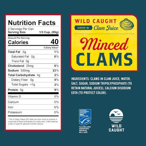 Snow's Wild Caught Minced Clams Canned, 6.5 oz Can - 5g Protein Per Serving - Gluten Free, Keto Friendly, 99% Fat Free...