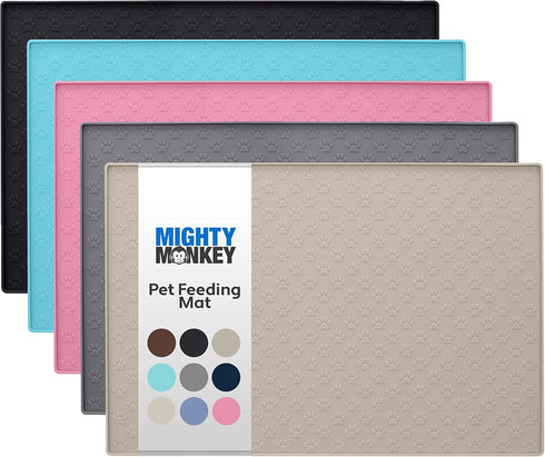 MIGHTY MONKEY 100% Waterproof Dog Food Mat, Raised Edges Silicone Pet Feeding Placemat for Cat, Dogs, Pet Bowls, High Lipped Tray Prevents Water S...