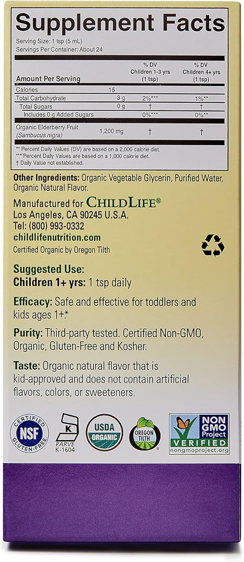 CHILDLIFE Essentials Organic Liquid Elderberry - Elderberry Syrup for Kids Immune Support, Non-GMO, USDA Organic, Black Elderberry for Kids 1 Year...