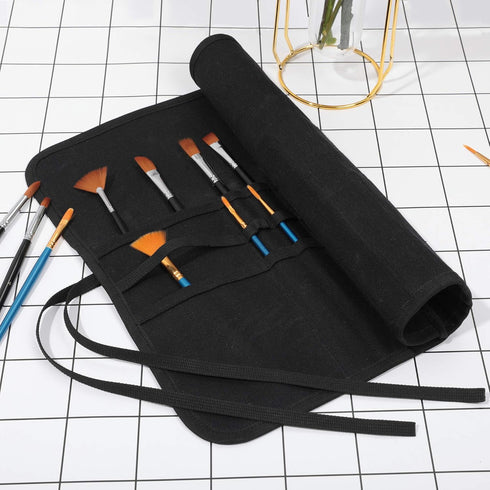 Denifiter 22 Pockets Waxed Canvas Roll-up Pencil Bag, Heavy Duty Portable Watercolor Oil Brush Canvas Pouch (Black)...