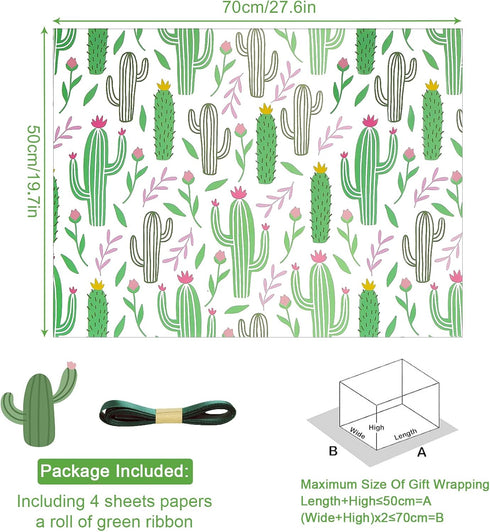 Cactus Wrapping Paper for Women Men, Green Cacti with Pink Yellow Flowers Tropical Gift Wrap Paper, 19.7x27.5 Inch Folded Flat Green Plant Art Pap...