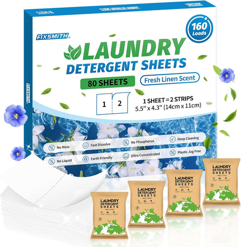 FIXSMITH Laundry Detergent Sheets - 160 Loads (80 Sheets) Fresh Linen Scent - Hypoallergenic,Eco Friendly Laundry Detergent Strips Ultra-Concentra...