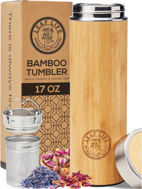 LeafLife Premium Bamboo Tea Bottle for Loose Tea - Tea Infuser Bottle - Tea Gifts - Insulated Water Bottle/Coffee Tumbler/Tea - Tea Gift Set, Tea ...