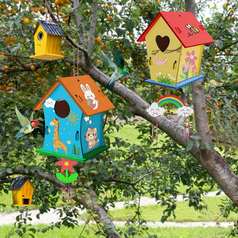 JAS WENAS DIY Birdhouse Craft Kit for Kids - 4 Pack DIY Bird House Kit Painting Puzzle DIY Wooden Assembly, Build and Paint Birdhouse, Wooden Arts...