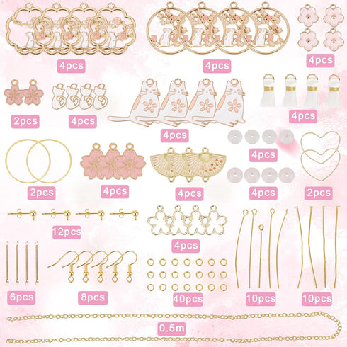 SUNNYCLUE 1 Box DIY 10 Pairs Cat Charms Sakura Flower Charm Japanese Style Earrings Making Starter Kit Flat Round Hollow Charm Fan Charms Tassels ...