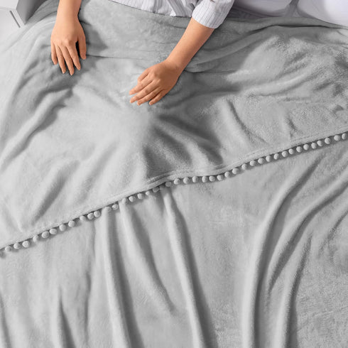 PAVILIA Fleece Throw Blanket for Couch with Pom Pom Fringe, Light Grey, Soft Cozy Fuzzy Flannel Blanket for Sofa Bed, Large Lightweight Plush All ...