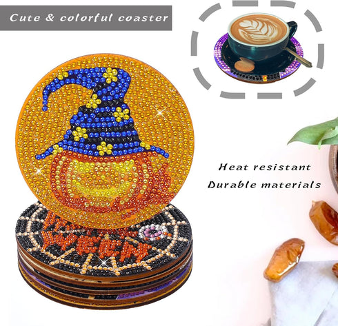 LINGFANG 6 Pcs Diamond Painting Coasters Kits, Helloween DIY Diamond Art with Holder & Cork Pad Non Slip Coaster for Beginners, Diamond Painting C...