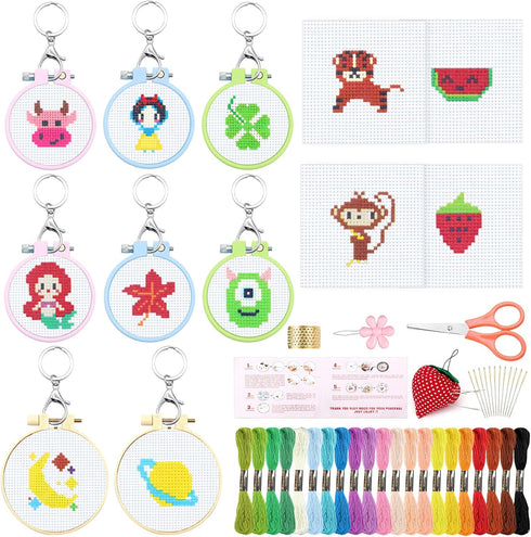 ZOCONE 12 PCS Cross Stitch Kits for Kids 7-13, Cross Stitch Beginner Kits with Instructions, Keychains, Embroidery Hoops and Tools, Needlepointing...