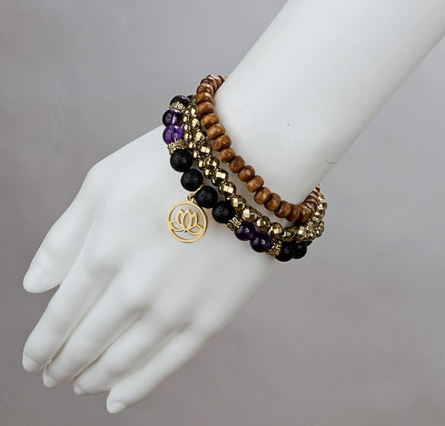 SPUNKYsoul Lotus New Beginnings Bracelet Hematite Amethyst and Lava for healing Stack Bracelet Set Collection...