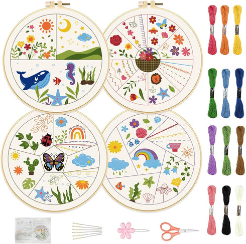 FREEBLOSS 4 Set 8inch Embroidery Kit for Beginners Learn Embroidery Stitches Kit Cross Stitch Kits Embroidery Starter Kit includes 2 Embroidery Ho...