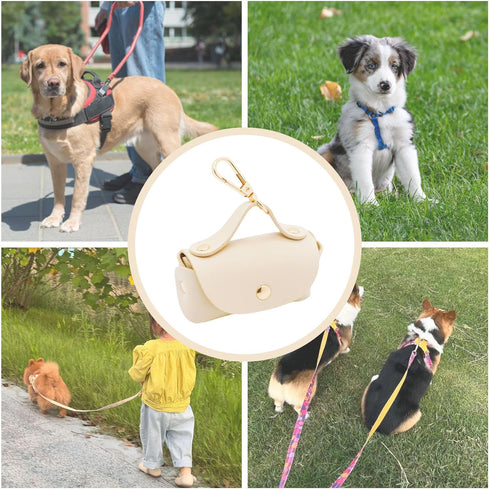 Leather Poop Bag Holder Dispenser for Leash, Portable and Reusable Dog Poop Bag Dispenser, Dog Bag Holder for Walking, Outdoor, Travelling (Beige)...