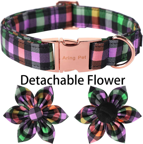 ARING PET Halloween Dog Collar, Cotton Fall Girl Dog Collar with Flower, Cute Adjustable Halloween Plaid Dog Collars with Metal Buckle...