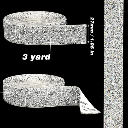 3 Yards Self Rhinestone Ribbon Crystal Rhinestones Stickers Bling Tape Wedding Ribbon Rhinestones for Crafts Car Wrap Phone Mirror Decor (Silver W...