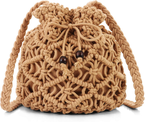 Ovida Crochet Mini Bucket Bag Purse Summer Woven Beach Shoulder Bag Drawstring Closure Crossbody Bag Handmade Hobo Bag...