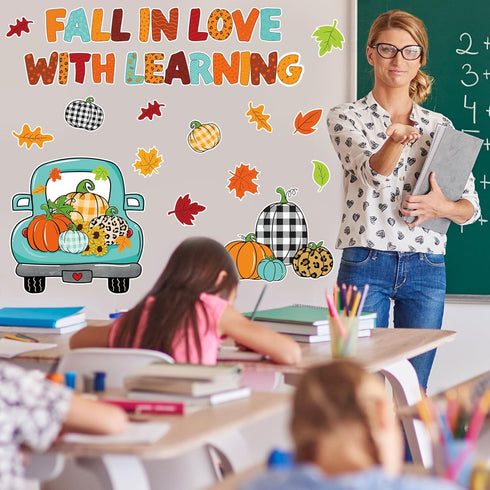69Pcs Fall Classroom Bulletin Board Decorations Blue Truck Pumpkin Maple Leaves Cutouts for Autumn Thanksgiving Home School Wall Chalkboard Decor...
