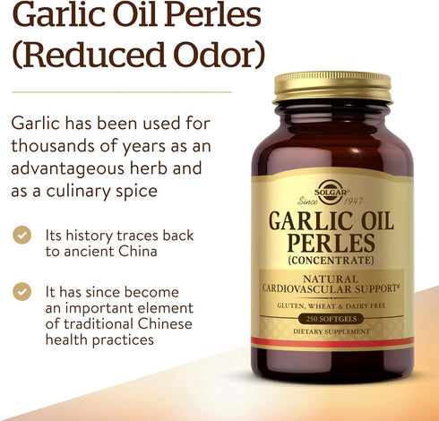 Solgar Garlic Oil Perles, 250 Softgels - Natural Cardiovascular Support - Garlic Oil Concentrate, Reduced Odor - Gluten Free, Dairy Free - 250 Ser...