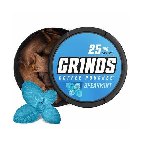 Grinds Coffee Pouches | Tobacco Free, Nicotine Free Healthy Alternative | 3 Cans of Spearmint | 18 Pouches Per Can | 1 Pouch eq. 1/4 Cup of Coffee...