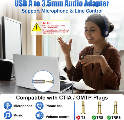 USB 3.0 Male to 3.5mm TRRS 4-Pole Female Headphone Jack Adapter, USB-A to Aux Audio Dongle Cable Cord, External Sound Card Converter for Headset, ...