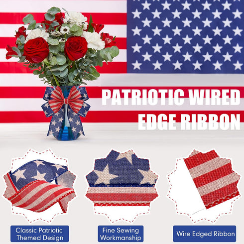 2 Rolls 20 Yard Red White and Blue Ribbon Patriotic Star and Striped Wired Ribbon Royal Blue USA Ribbon DIY Crafts for 4th of July, Independence D...