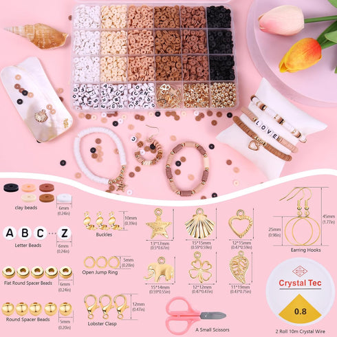 Pubiseed 4000PCS Earth Tone Clay Beads Bracelet Making Kit, Friendship Bracelet Kits with Letters for Girls Adults Jewelry Making Include Golden S...