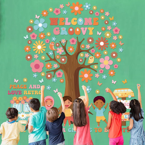 115Pcs Groovy Classroom Tree Bulletin Board Decorations Set Motivational Welcome Accents Tree Wall Bulletin Decor Boho Daisy Owls Cut-Outs for Bac...