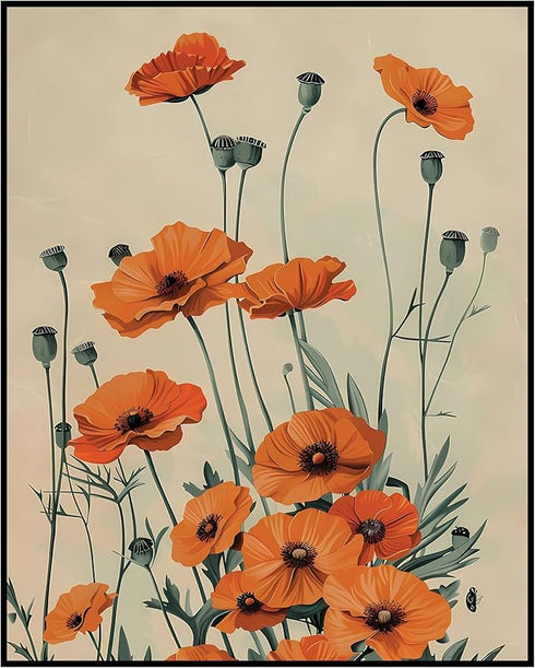 Posterizer 1 pcs-wild dainty orange flowers-minimalist design-Floral & Botanical Art-Abstract & Modern Art-Decor for Home & Office- UNFRAMED Wall ...