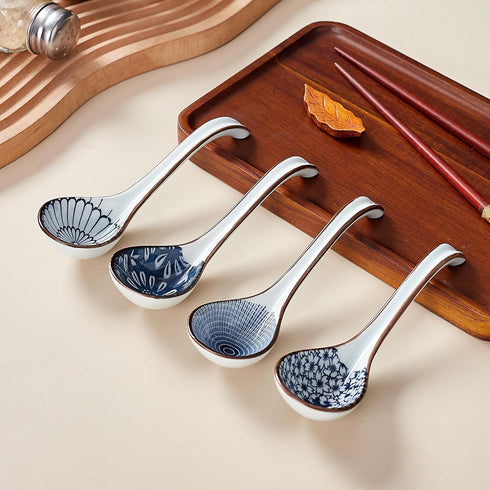 Ceramic Asian Soup Spoon set of 4, Japanese Ramen Spoon in Different Pattern, Perfect for Ramen, Noodle, Chinese Wonton, Vietnamese Pho, Soup Dump...