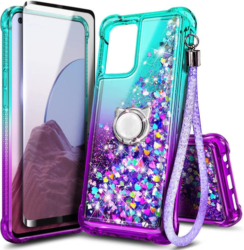 NZND Compatible with T-Mobile REVVL 6 Pro 5G / REVVL 6X Pro 5G Case with Tempered Glass Screen Protector, Ring Holder/Wrist Strap, Glitter Liquid ...