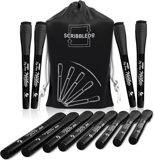 Scribbledo 12 Pack Magnetic Dry Erase Markers Black Fine Tip Whiteboard Markers with Eraser Cap Thin Low Odor Skinny White Board Markers for Adult...