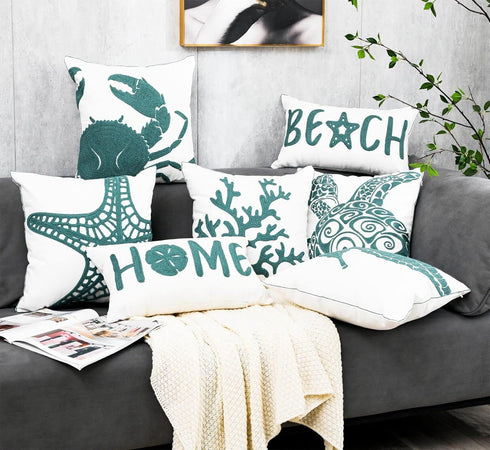 Embroidered Nautical Decor Pillow Cover,Square 18 Inches Decorative Canvas Pillow Cover for Nautical Style Deco by (Seagreen-Crab-New)...