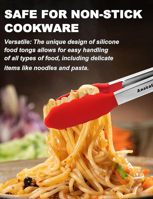 Anaeat Non-Stick Silicone Locking Tong Set of 3 - Stainless Steel 7", 9" and 12" Kitchen Food Tongs with Non-Slip Silicone Tips and Grip for Cooki...