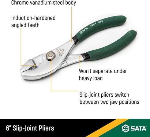 SATA 6-Inch Slip-Joint Pliers, Chrome Vanadium Steel Body, with Green Handles and Rivet Joint Assembly - ST70511ST...
