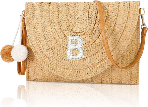 Initial Bags for Women Beach Straw Shoulder Bag Summer Handbag Purse for Birthday Bachelorette Gift...