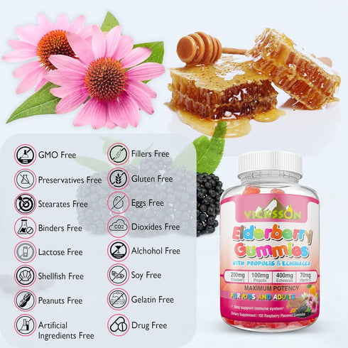 Black Sambucus Elderberry Gummies with Propolis & Echinacea + Vitamin C Antioxidant Flavonoids Immune System Booster for Kid & Adult Vegan Friendl...