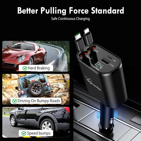 Retractable Car Charger,66W 4 in 1 Super Fast Charge Car Phone Charger,Retractable Cables (31.5 inch) and 2 USB Ports Car Charger Adapter for iPho...